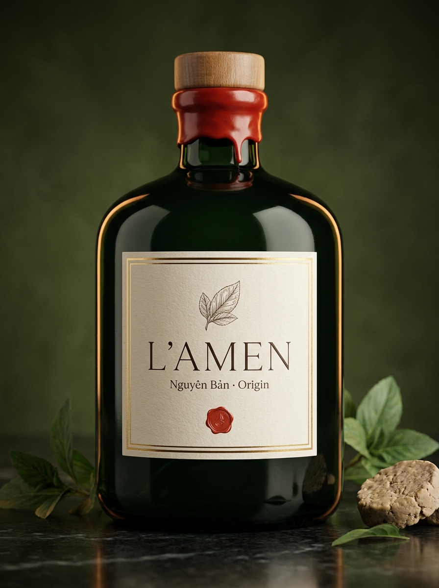 Chai L'amen Nguyên Bản — thủy tinh xanh rừng, niêm son đỏ và nút bần gỗ, đặt giữa lá xanh và men lá.